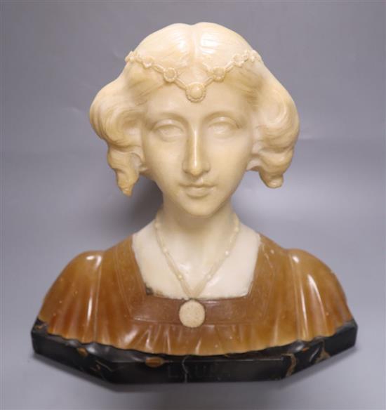 An Art Nouveau alabaster portrait bust, Laura, on black marble plinth, 26cm